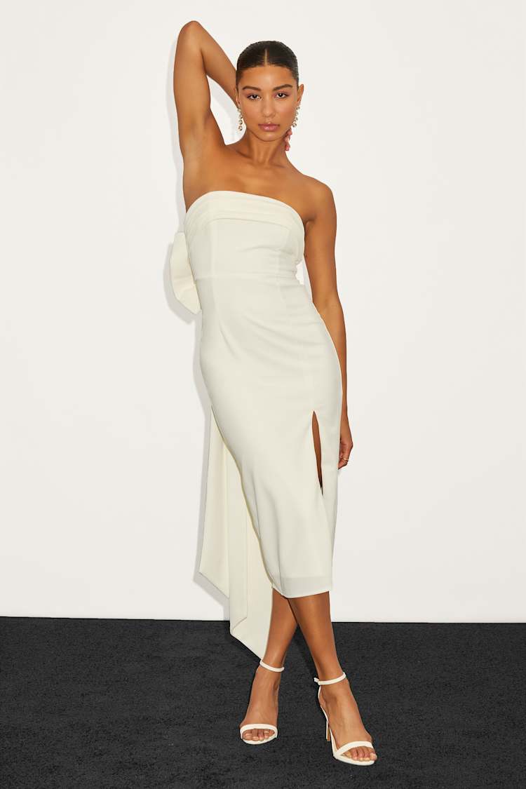 Fabulous Phenomenon White Strapless Bow Midi Dress