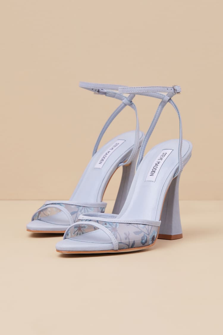 Beki Light Blue Mesh Suede Leather Floral High Heel Sandals