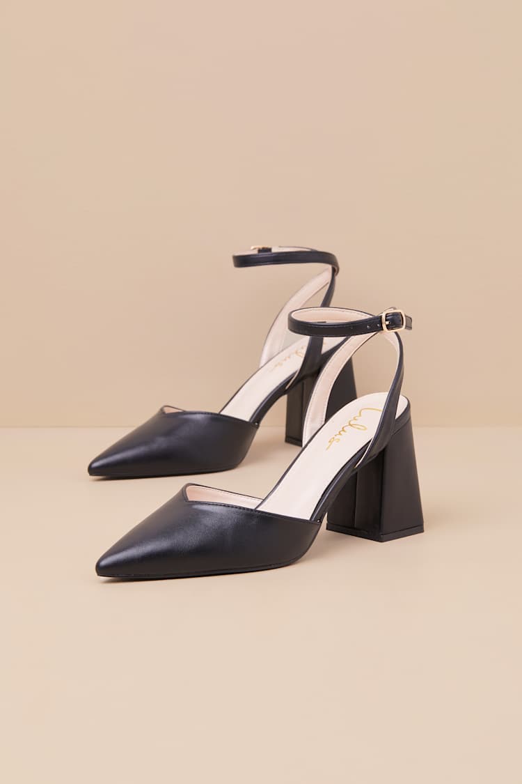 Alodie Black Pointed-Toe Ankle Strap Pumps