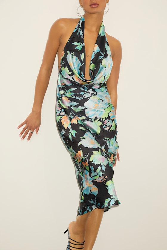 Lulus Nuliana Black Multi Floral Satin Backless Midi Dress