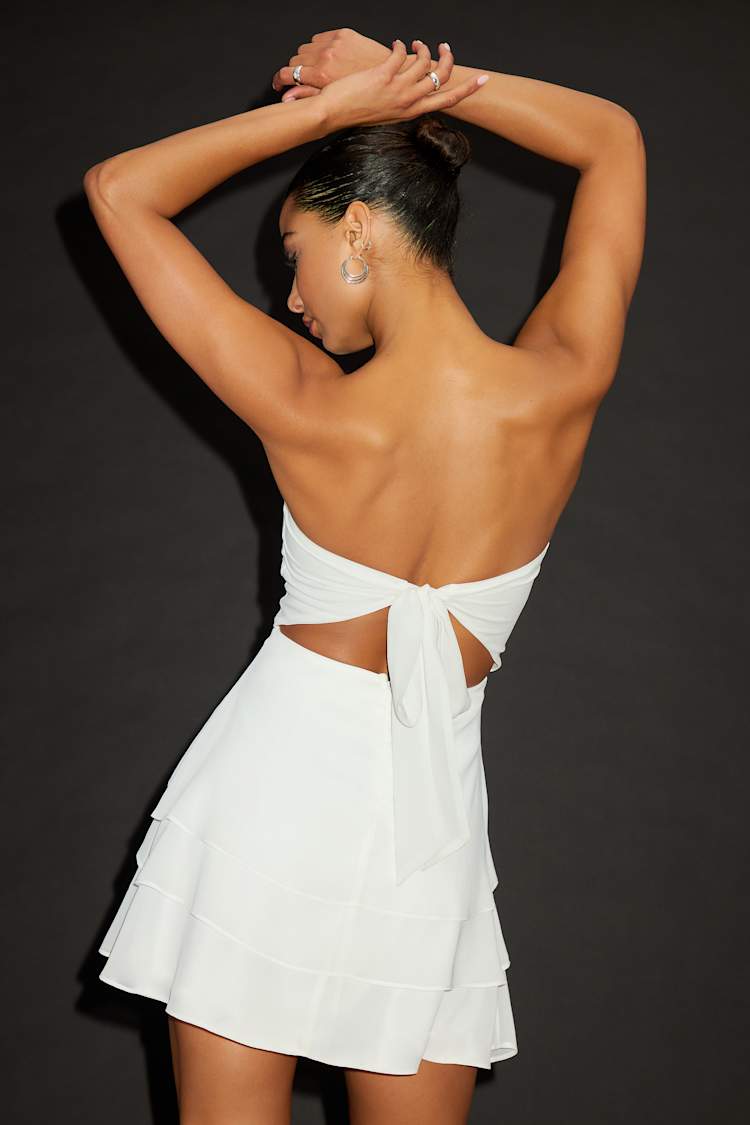 Suvi White Strapless Tiered Asymmetrical Mini Dress