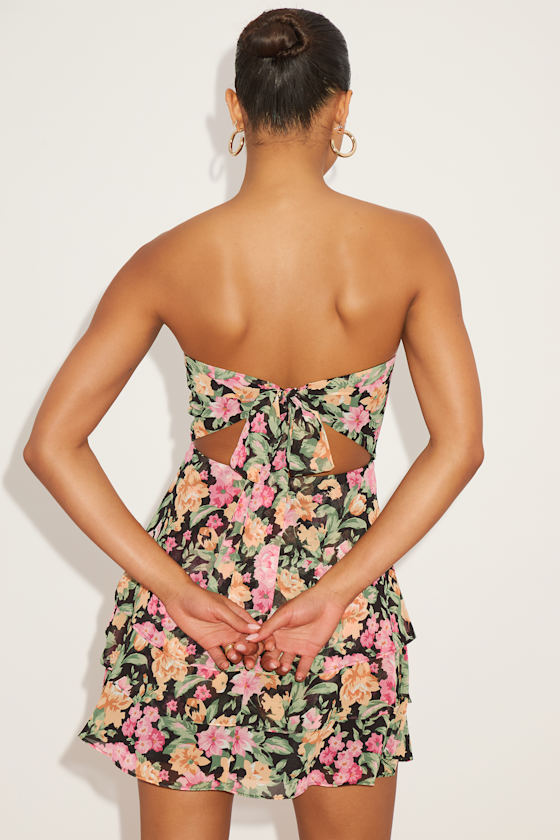 Lulus Suvi Black Floral Strapless Tiered Asymmetrical Mini Dres