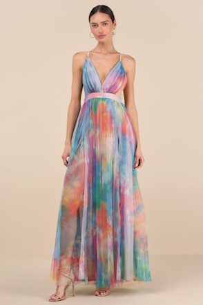Glam Tie-Dye Gown - Watercolor Tie-Dye Maxi - Slit Leg Maxi Dress - Lulus
