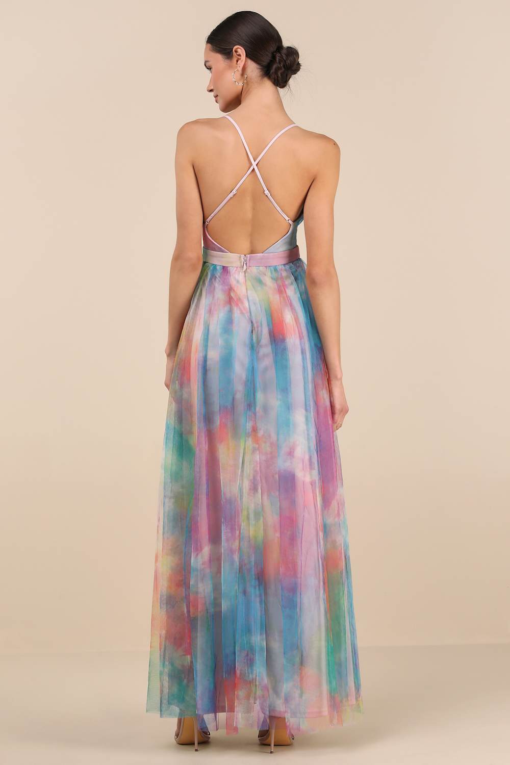 Elegant Moment Multi Watercolor Tie-Dye Backless Maxi Dress
