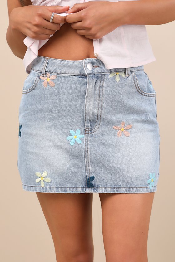 Mila Light Wash Floral Embroidered Denim Mini Skirt 3