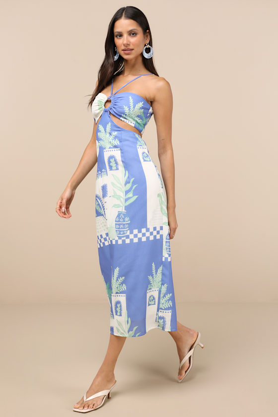 Lulus Beliana Blue Multi Print Halter O-ring Midi Dress