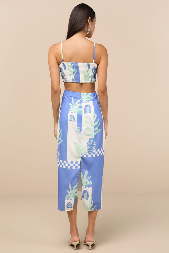 Lulus Beliana Blue Multi Print Halter O-ring Midi Dress