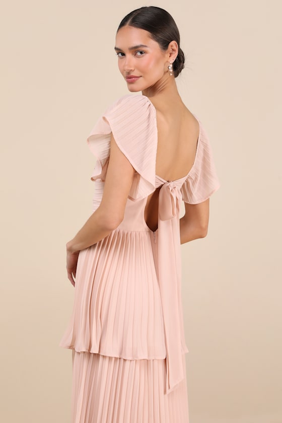 LULUS NOTORIOUS CHARM BLUSH PLEATED FLUTTER SLEEVE MAXI DRESS