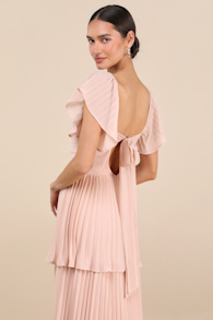 Notorious Charm Blush Pleated Flutter Sleeve Maxi Dress