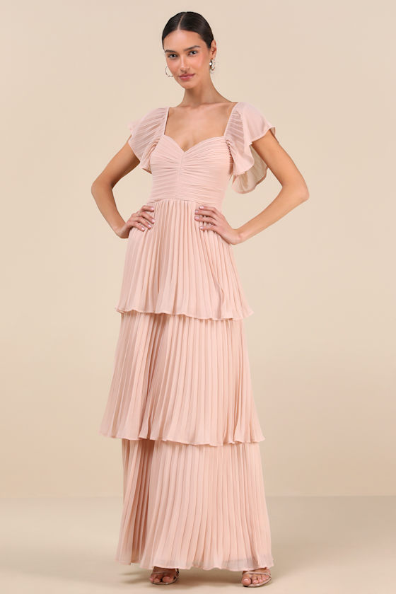 LULUS NOTORIOUS CHARM BLUSH PLEATED FLUTTER SLEEVE MAXI DRESS