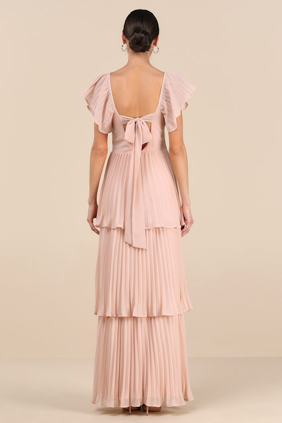 LULUS NOTORIOUS CHARM BLUSH PLEATED FLUTTER SLEEVE MAXI DRESS