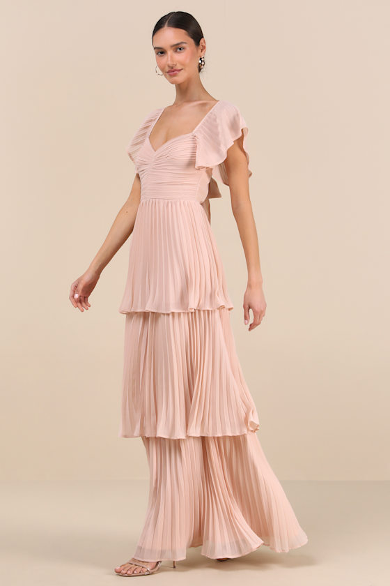 LULUS NOTORIOUS CHARM BLUSH PLEATED FLUTTER SLEEVE MAXI DRESS