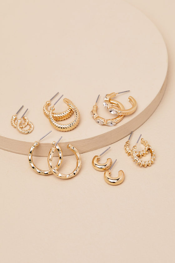 Lulus Makana Gold Textured Rhinestone Six-piece Hoop Earring Set