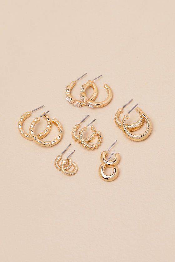 LULUS MAKANA GOLD TEXTURED RHINESTONE SIX-PIECE HOOP EARRING SET