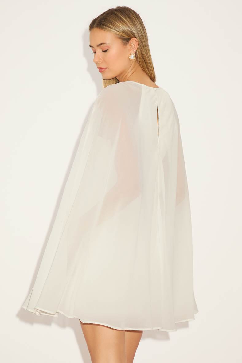 Captivating Drama White Cape Sleeve Mini Dress