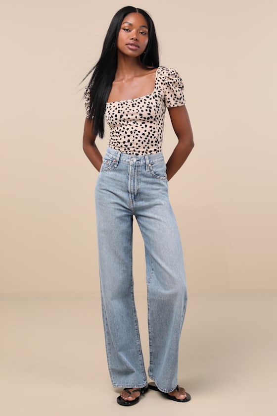 Black and Tan Dot Top - Puff Sleeve Top - Square Neck Top