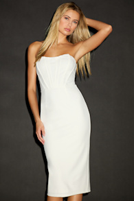 Gorgeously Sultry White Bustier Strapless Midi Dress