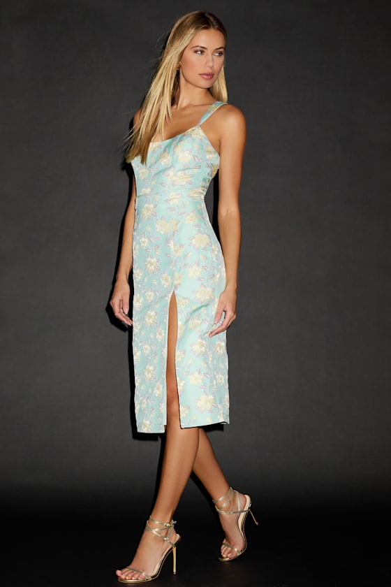 Lulus Immaculate Chicness Mint Blue Floral Brocade Midi Dress In Animal Print