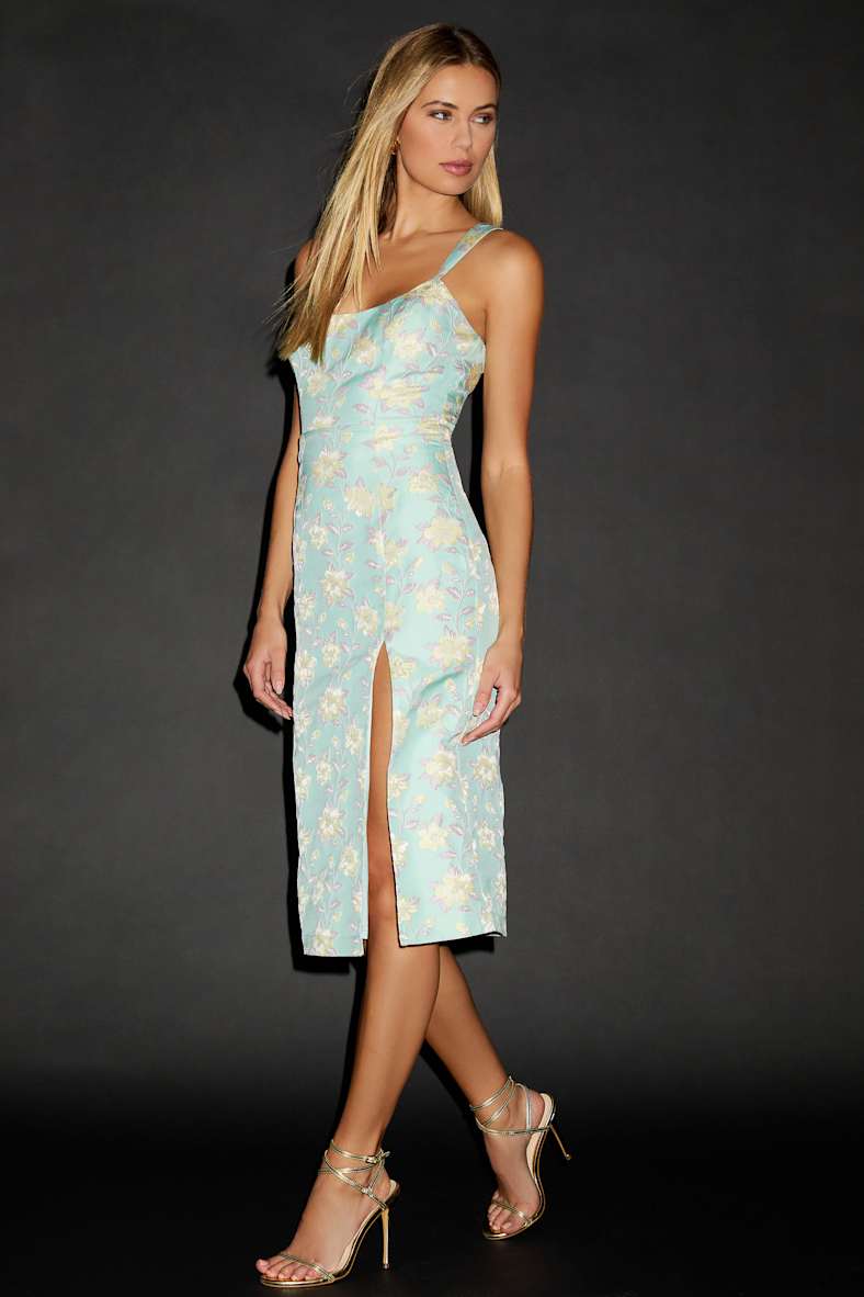 Immaculate Chicness Mint Blue Floral Brocade Midi Dress