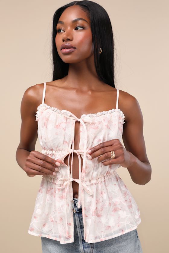 Mariasole Light Pink Floral Lace Tie-Front Cami Top 1