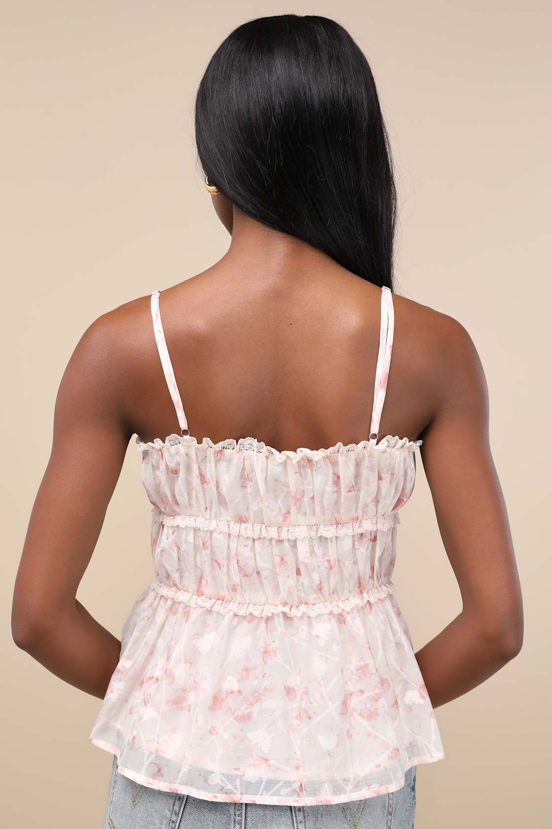 Mariasole Light Pink Floral Lace Tie-Front Cami Top