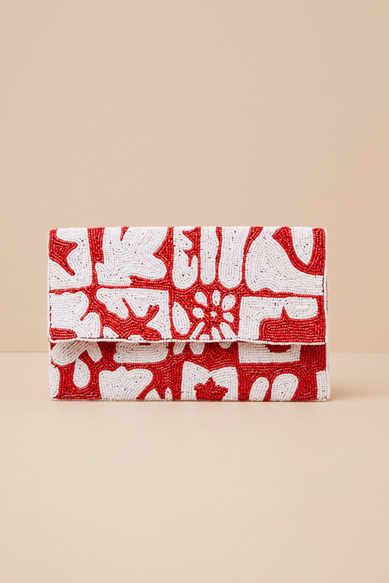LULUS TEOFILA RED ABSTRACT BEADED CLUTCH