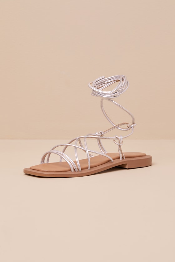 Lilac II Silver Metallic Leather Ankle Wrap Sandals