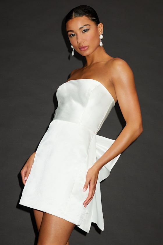 Soiree Hour White Satin Strapless Bow Mini Dress