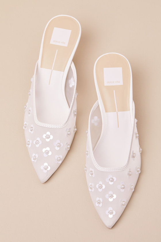 Dolce Vita Clara Pearl True White Daisy Mesh Kitten Heel Mule Pumps In White