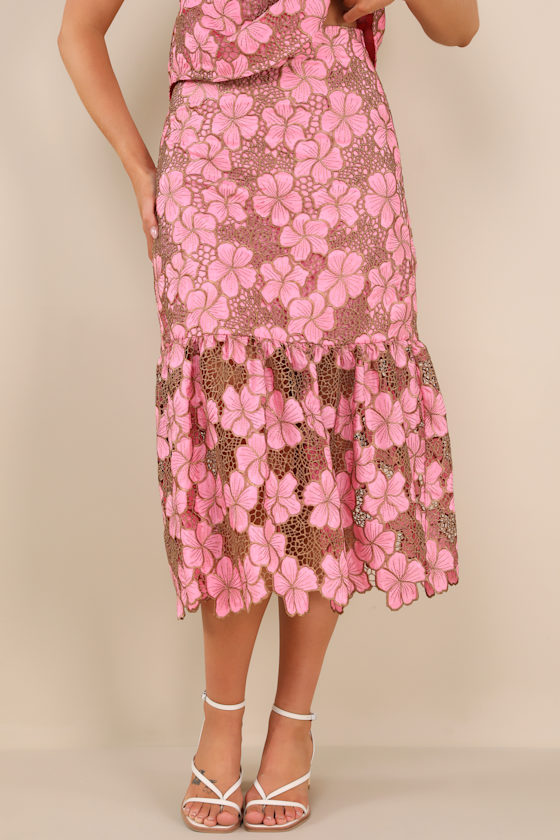 Pink Midi Skirt - Floral Crochet Lace Skirt - Tiered Midi Skirt - Image 2