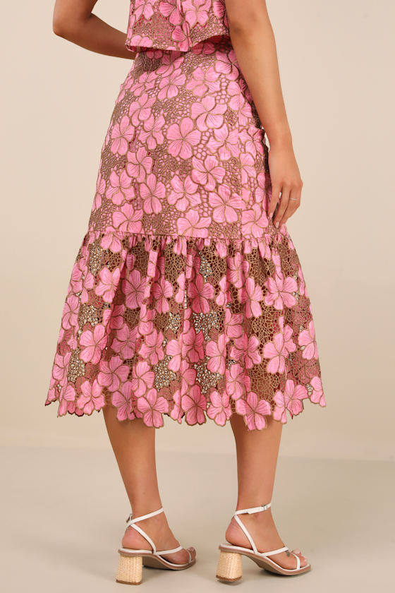 Pink Midi Skirt - Floral Crochet Lace Skirt - Tiered Midi Skirt - Image 3