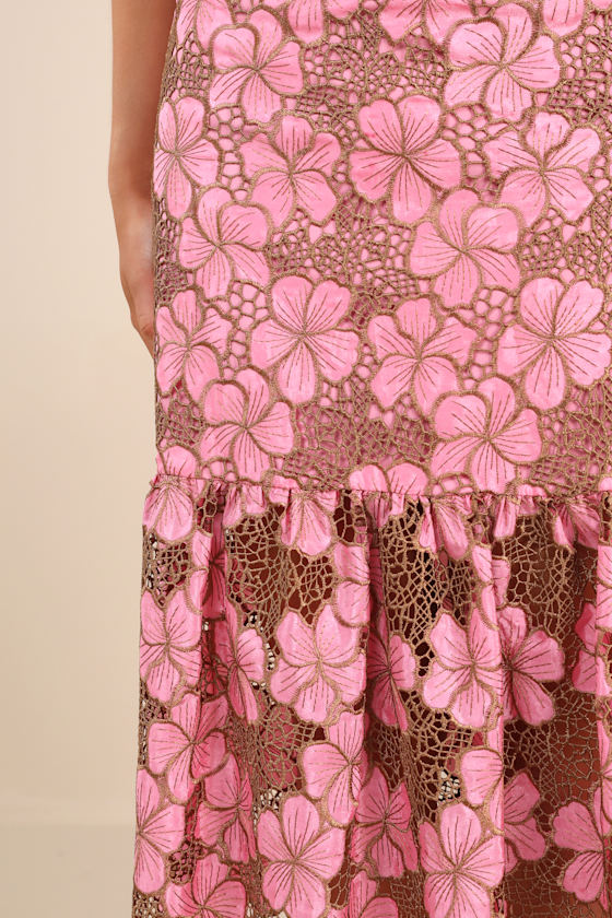 Pink Midi Skirt - Floral Crochet Lace Skirt - Tiered Midi Skirt - Image 4