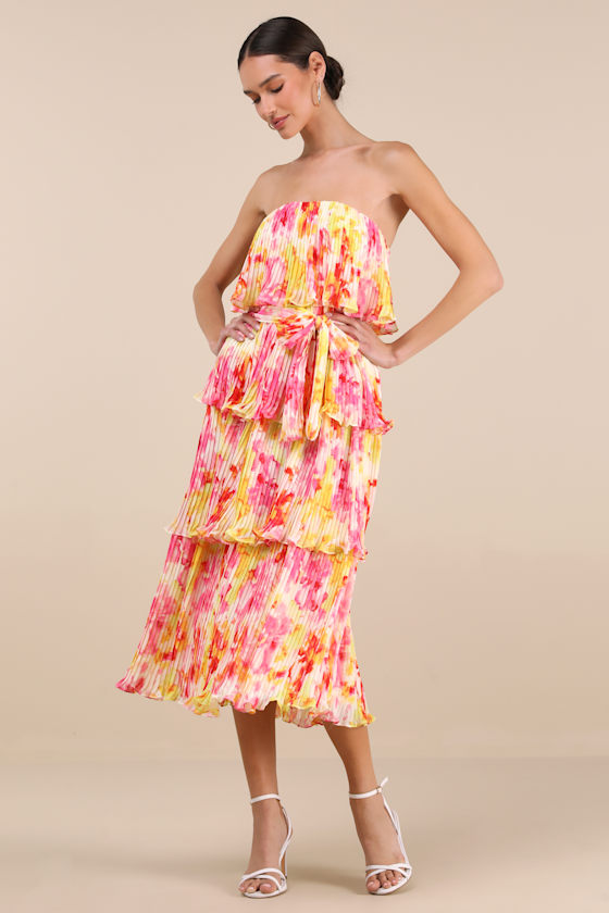 Shop Lulus Nessa Yellow And Pink Abstract Plisse Tiered Midi Dress