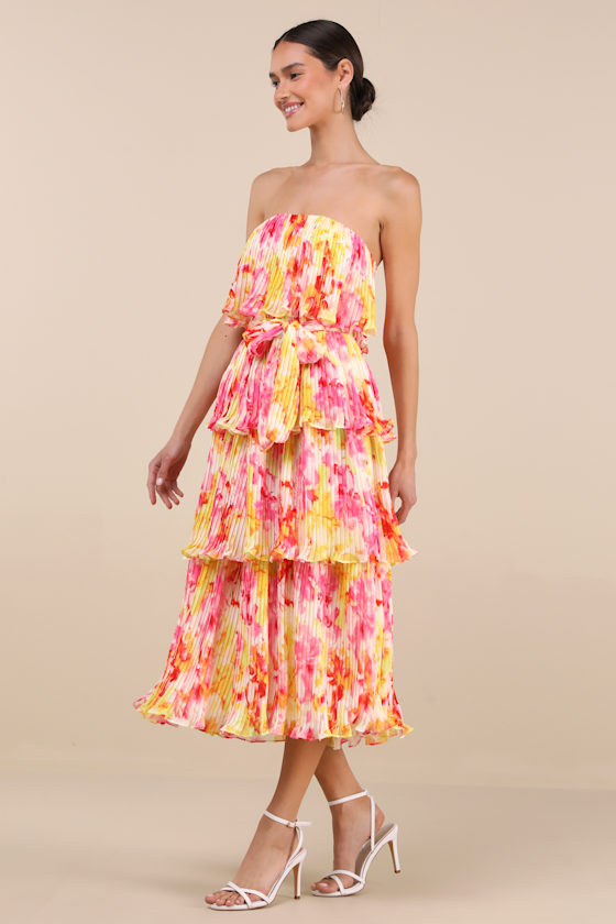 Shop Lulus Nessa Yellow And Pink Abstract Plisse Tiered Midi Dress