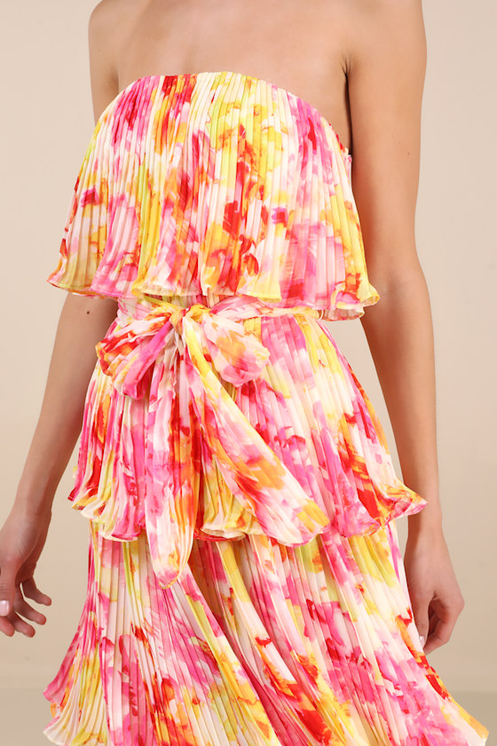 Shop Lulus Nessa Yellow And Pink Abstract Plisse Tiered Midi Dress