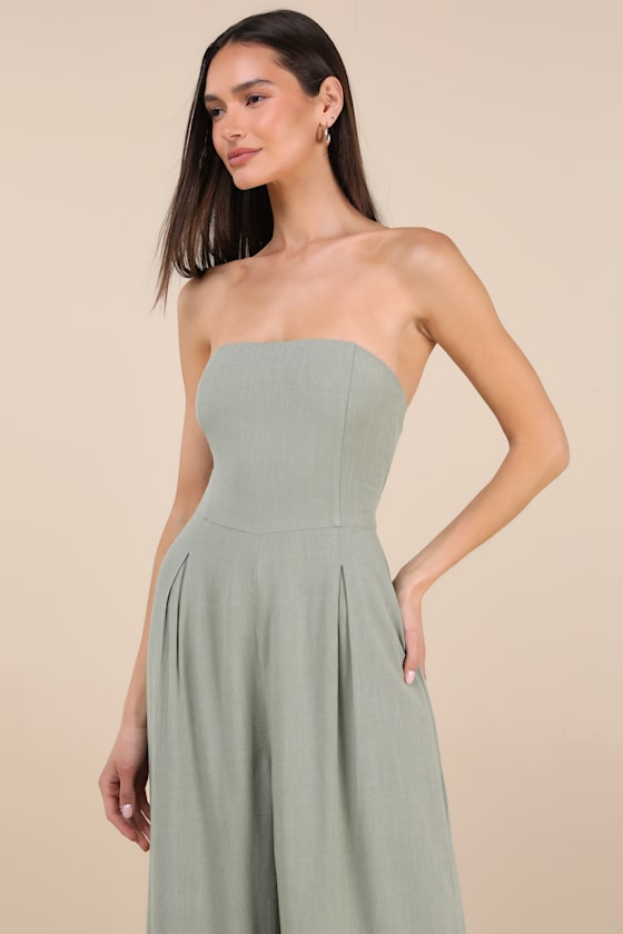 Lulus Breezy Essential Sage Green Linen Wide-leg Jumpsuit