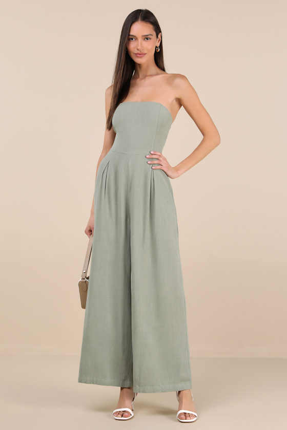 LULUS BREEZY ESSENTIAL SAGE GREEN LINEN WIDE-LEG JUMPSUIT 