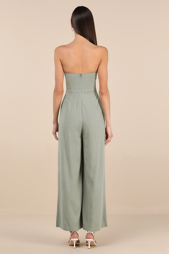 LULUS BREEZY ESSENTIAL SAGE GREEN LINEN WIDE-LEG JUMPSUIT 
