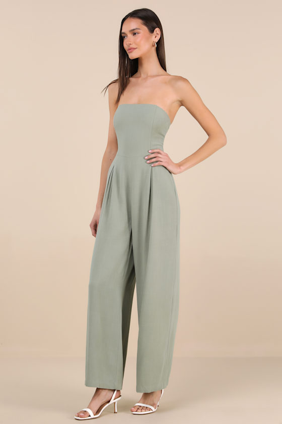 LULUS BREEZY ESSENTIAL SAGE GREEN LINEN WIDE-LEG JUMPSUIT 