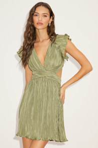 Captivating Delight Sage Green Plisse Satin Lace-Up Mini Dress 5