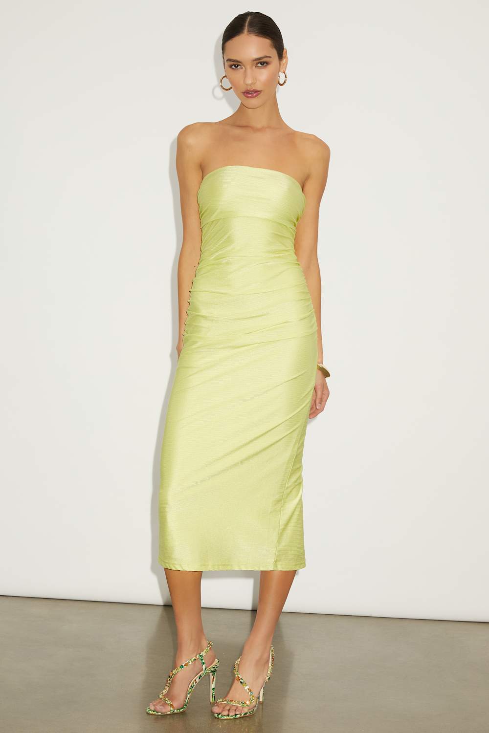 Gorgeous Reputation Lime Green Strapless Ruched Midi Dress