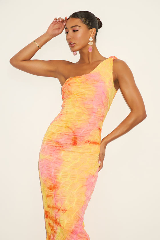 Image of Donica Yellow Multi Tie-Dye One-Shoulder Midi Dress