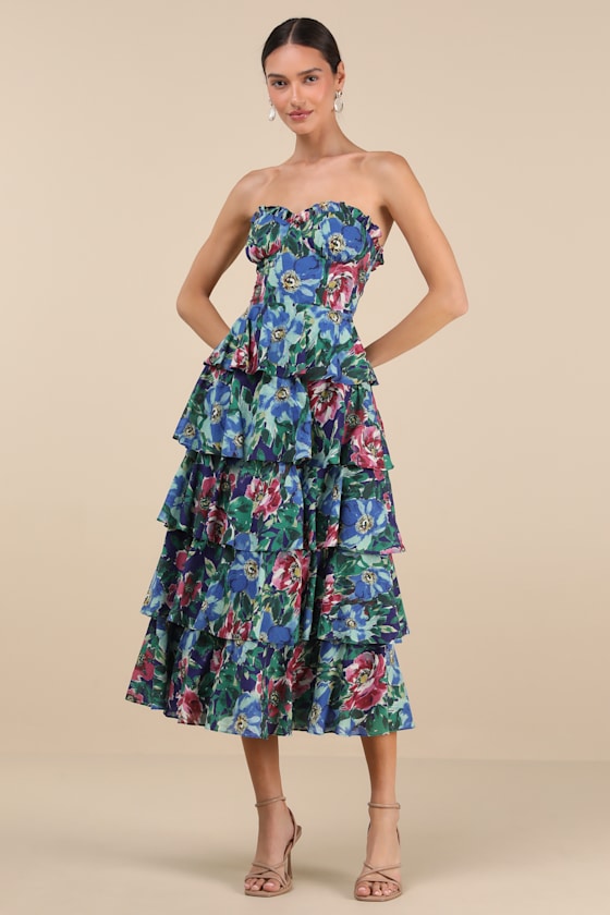 Image of Nayha Blue Multi Floral Strapless Tiered Midi Dress