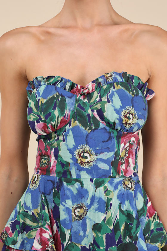 Lulus Nayha Blue Multi Floral Strapless Tiered Midi Dress In Black