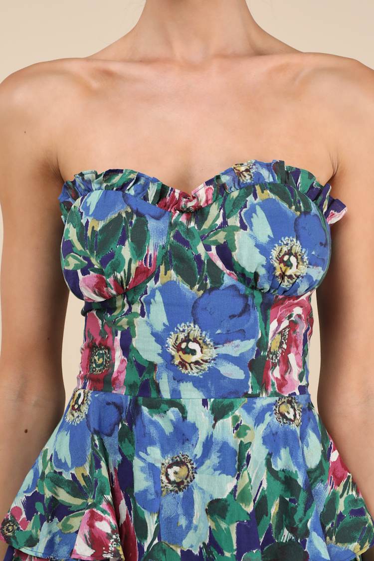 Nayha Blue Multi Floral Strapless Tiered Midi Dress