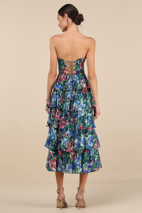 Lulus Nayha Blue Multi Floral Strapless Tiered Midi Dress In Black