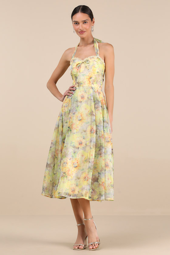 Galia Yellow Multi Floral Halter Midi Dress 1