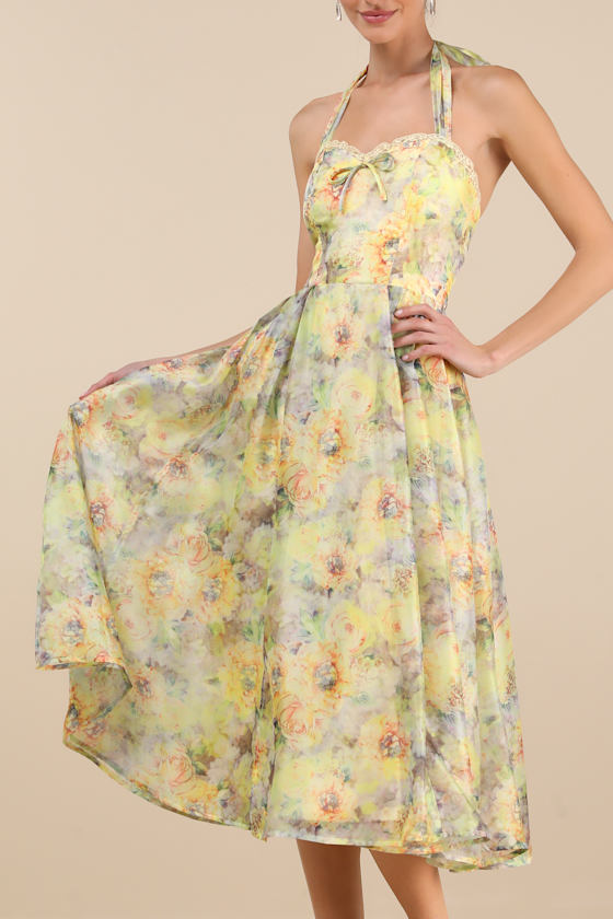Lulus Galia Yellow Multi Floral Halter Midi Dress