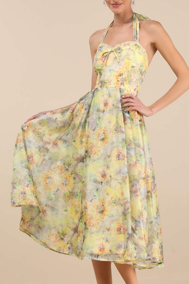 Yellow Multi Floral Dress - Halter Midi Dress - Skater Midi Dress - Lulus