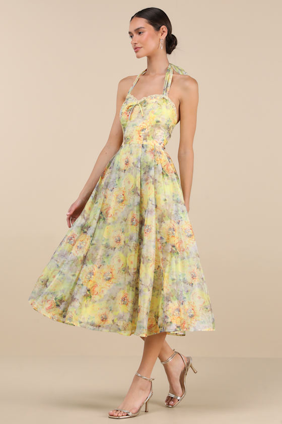 Lulus Galia Yellow Multi Floral Halter Midi Dress